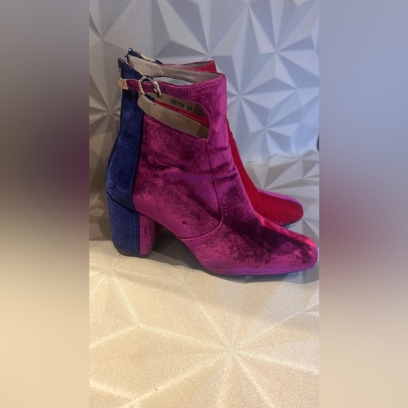 Toga Pulla velvet color block ankle boots fuschia & navy block heeel - Picture 2 of 13